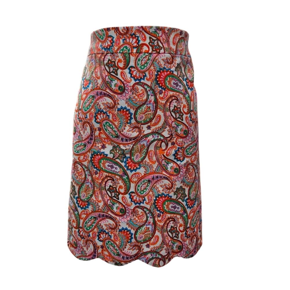 Talbots Orange Paisley Pencil Skirt Scalloped Hem Womens Petite Size 10P